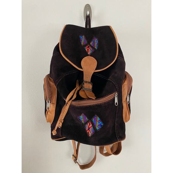 Vintage dark brown suede leather backpack colorful kilim accents boho southwest main image 4